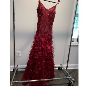 women’s red silk floor length dress